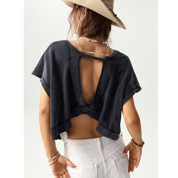 Black Cotton Oversized Cropped Muscle Tee Shirt Raw Hem and Inside Out Stitches - Picture 9 of 11